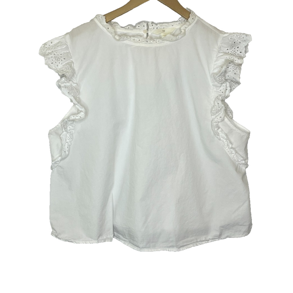 Women's XL H&M White Sleeveless Cotton Eyelet Ruffle Trim Blouse